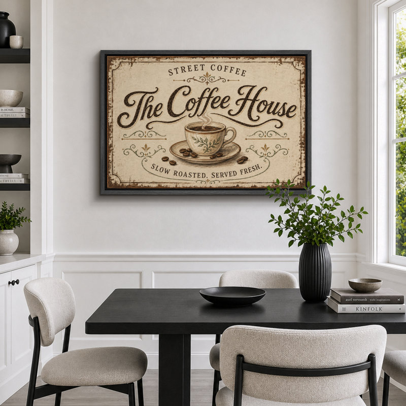 «Street Coffee The Coffee House», art rétro, impression sur toile, H 24 po x l 36 po x P 1,5 po, Cadre noir