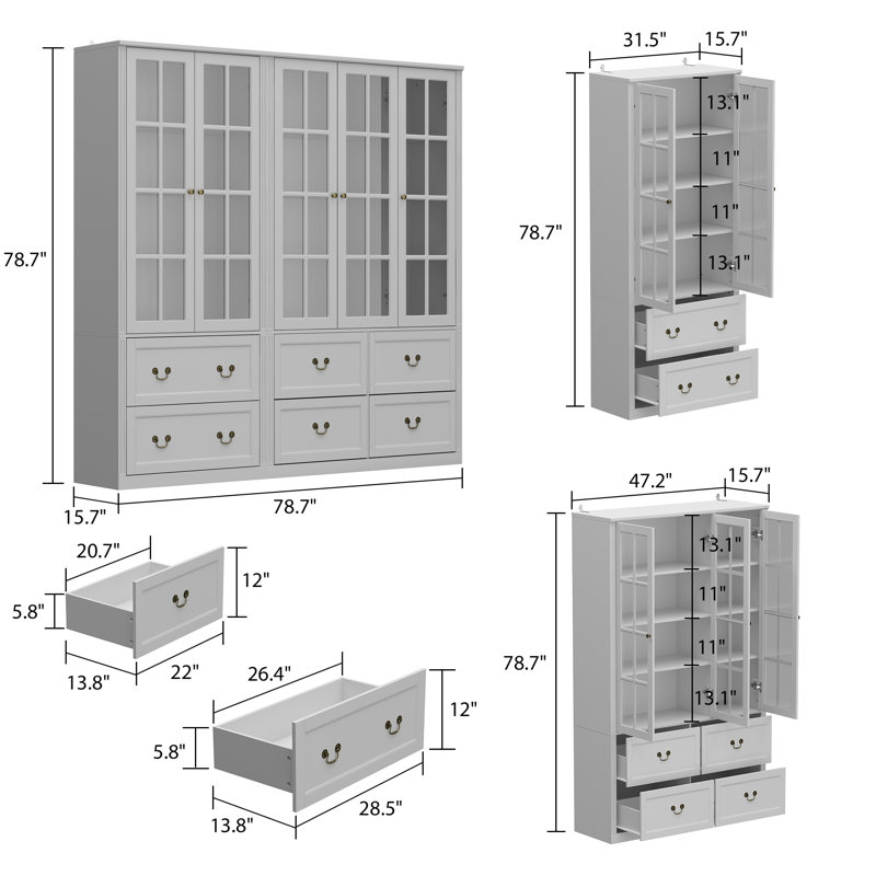 78.7'' H x 78.7'' W Wood Display Case with Drawers, Gray, 78.7" H x 78.7" W x 15.7" D