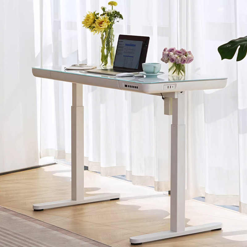 Keb Home Office Height Adjustable Glass Top Standing Desk with Drawer, White