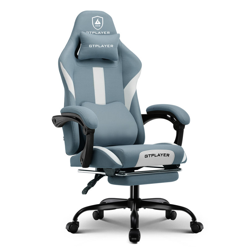 Gaming Chair with Foot Rest & Pocket Spring Cushion, Breathable Fabric for Home Office Desk, Ergonomic High Back Computer Chair with Headrest & Lumbar Support, Blue