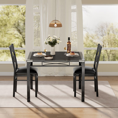 Space-Saving Modern 2-Piece Dining Table and Chairs Set - Wooden Table with Upholstered Seats, Metal Frame & Corner Protectors - Classic Black for Small Kitchens & Apartments