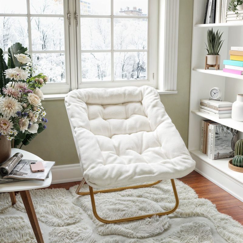 Fauteuil surdimensionné pliable et rembourré avec structure en acier, Polyester blanc, Or