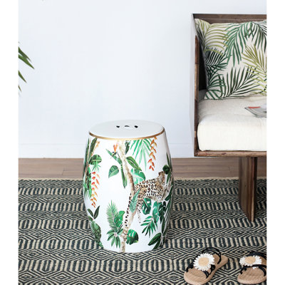 Jungle Themed 13x13x18 Inches Ceramic Stool With Upbeat Vibe And Natural Decoration, Great As Side Table In Bedroom Bohemian Pattern, Can Be Used Or
