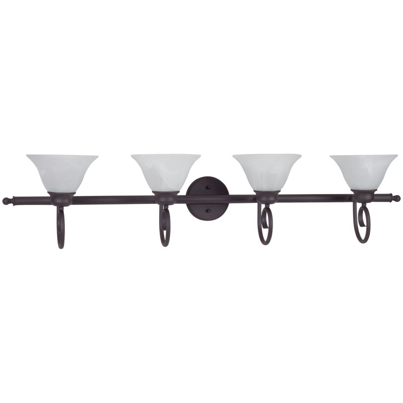 Troy 4-Light Indoor Antique Bronze Bath or Vanity Wall Mount with Alabaster Glass Bell Shades, Antique Bronze