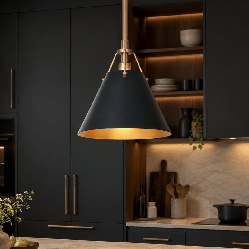 Haut 1 Light Metal Cone Round Pendant Light for Kitchen Island, Black