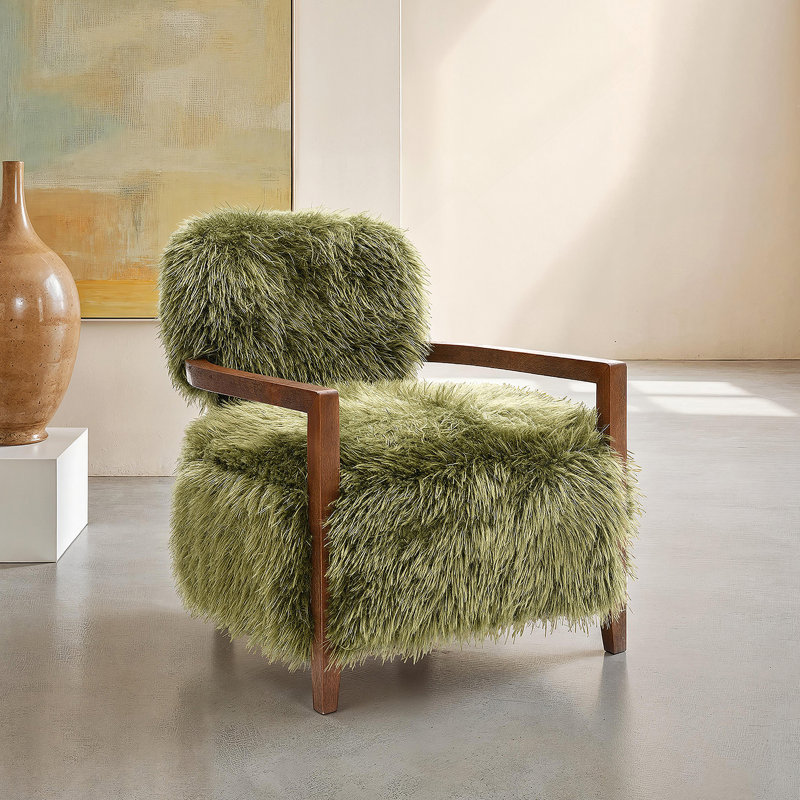 1 pièce Chaise d'appoint avec accoudoirs en bois ratissé et dossier et siège en fausse fourrure contemporaine, Vert