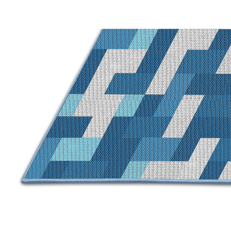 Tapis bleu/bleu/blanc à motifs, Rectangle 5 pi x 7 pi