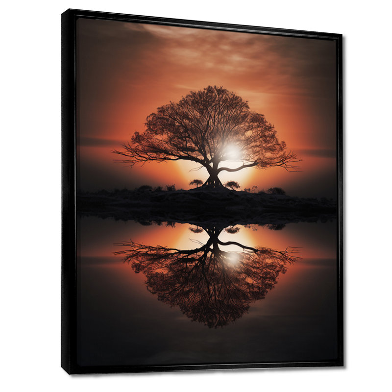 Silhouette d'un arbre majestueux sur un lac - art mural chêne, Toile avec cadre flottant noir, H 20 po x l 12 po x P 1 po
