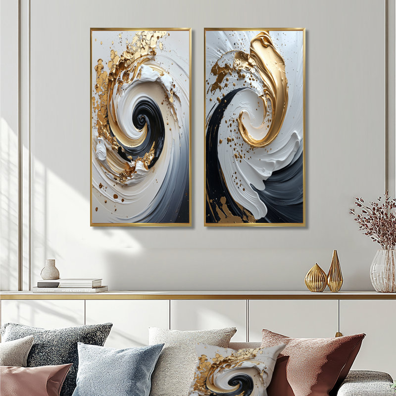 Tourbillon cosmique I - ensemble de 2 pièces d'art abstrait spirales, H 28 po x l 24 po, Cadre flottant doré