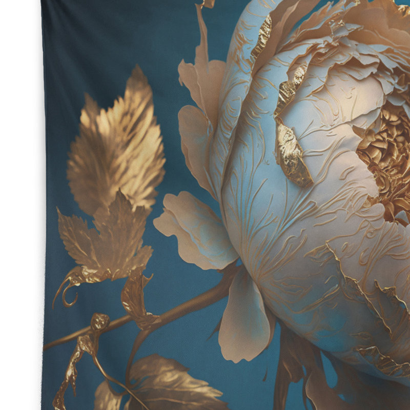 Polyester bleu glacier et pivoine dorée I tapisserie avec punaises, H 50 po x l 60 po