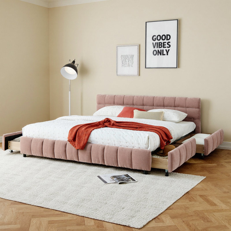 Structure de lit tapissier moderne très grand avec tiroirs de rangement et tissu chenille doux - très grand, Rose