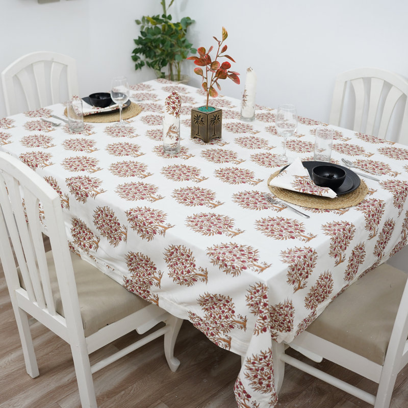 Red Barrel Studio®  Handmade Block Printed Tablecloth with Floral Patterns for Dining Table, Anar(10 Seater), 160" Rectangle