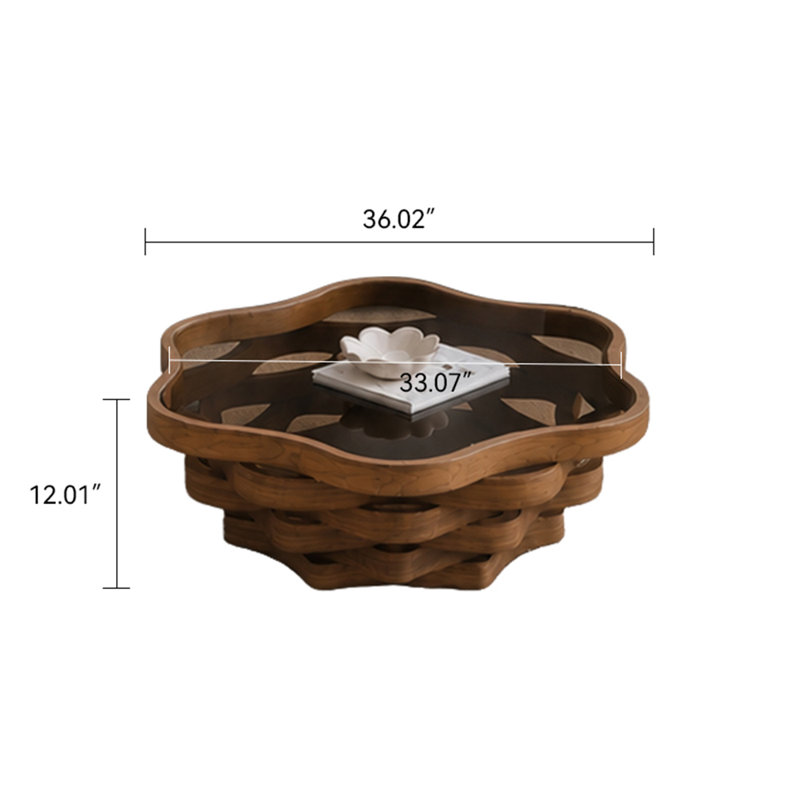Table basse abstraite en forme de nuage avec plateau en verre teinté et base en bois stratifié
