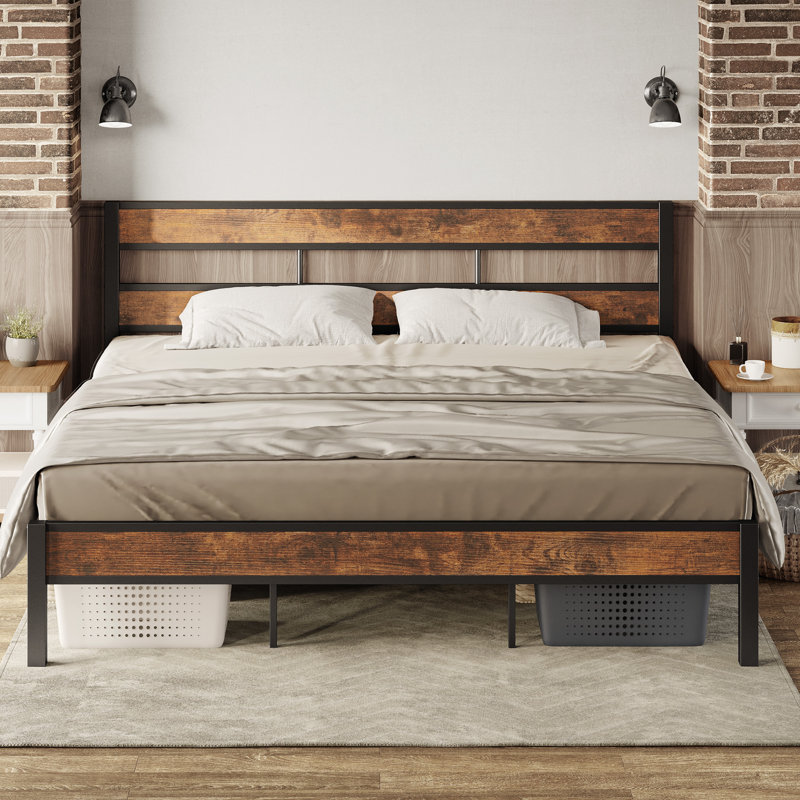 King Bed Frame And Headboard, Easy Assembly, Noise-free, No Box Spring Needed, Heavy Strong Metal Support Frames, Double-row Support Bars, Rustic Brown