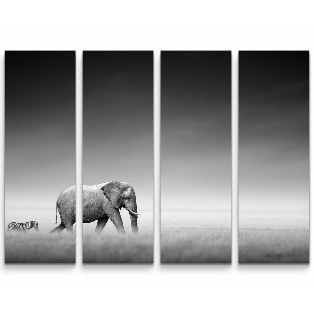 4-tlg. Leinwandbilder-Set Elefant und Zebra in der Afrikanischen Steppe