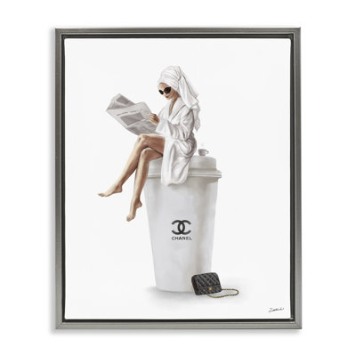 Chic Fashion Coffee & Purse Female Gray Framed Floater Canvas Wall Art by Ziwei Li