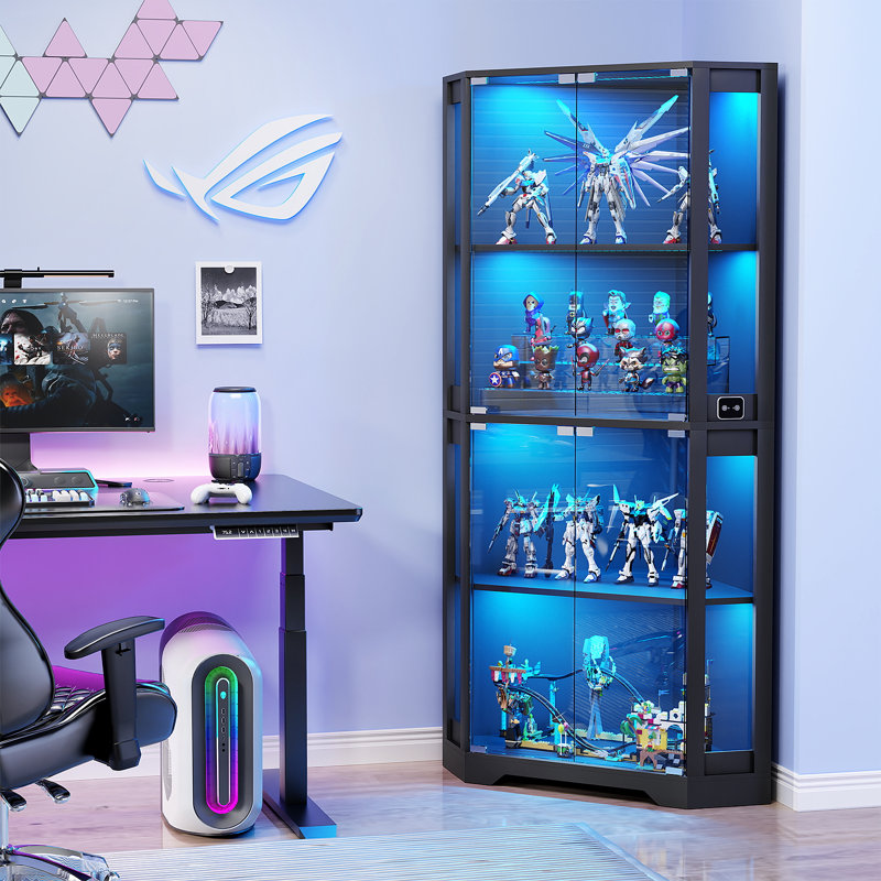 Corner Display Cabinet with Glass Doors, 65" Lighted Curio Display Case with 3 Color Lights for Collectibles, 4-Tier Bookcase with Human Body Sensor for Living Room