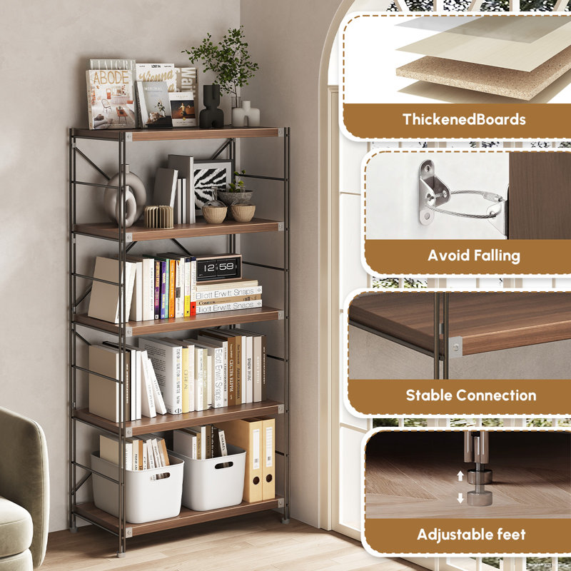 Industrial Style Wooden Bookcase With Fixed Shelves, (5 Shelves) 67"H x 32"W x 16"D, Brown/Black