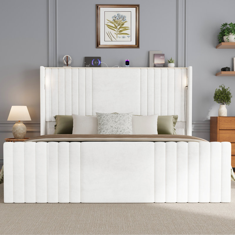 Velvet Upholstered Wingback Platform Bed, White, King