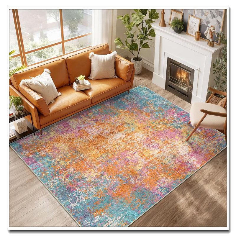 8'X10' Soft Washable Non-Slip Area Rug - Modern Abstract Colorful Print For Home Spaces, Orange Blue Pink Yellow