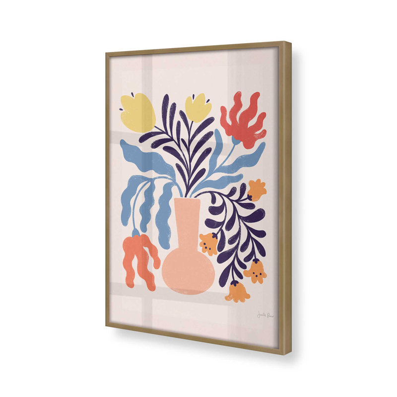 " Playful Garden Vase I ", 11.25" H x 9.25" W, Brushed Gold Framed