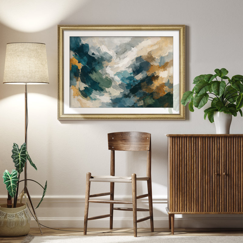 Art mural moderne encadré moderne bleu sarcelle et or 26 po x 36 po, H 26 po x l 36 po