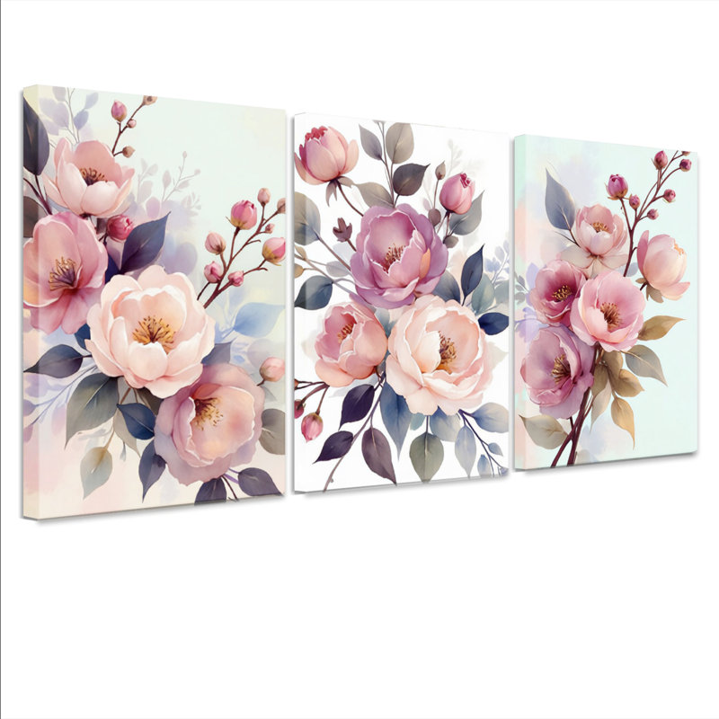 Toile murale florale rose poudré (paquet de 3), H 18 po x l 36 po