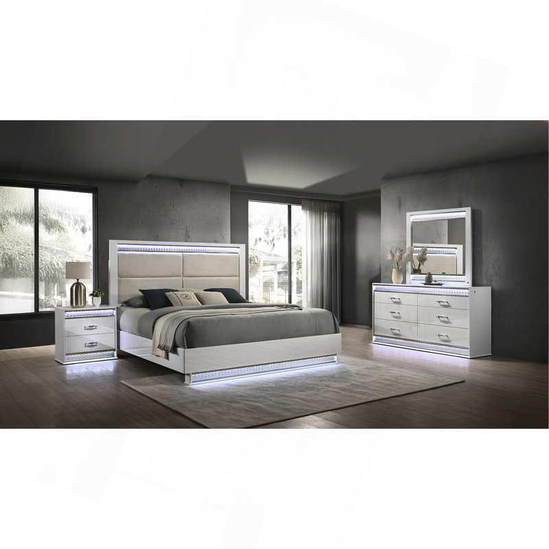 Grand lit Glam de style moderne avec tête de lit à DEL et bois en blanc