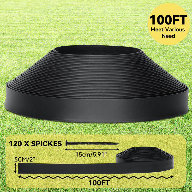 Ensemble de bordure de jardin sans creuser, 5 cm x 30 m, bordure noire avec 120 piquets d'ancrage pour pelouse, parterres de fleurs et bordures de cour