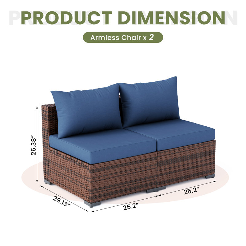 2-Piece Single Sofa Set Modular Outdoor All-Weather Wicker Rattan Patio Furniture Seating Group With Cushions, Navy