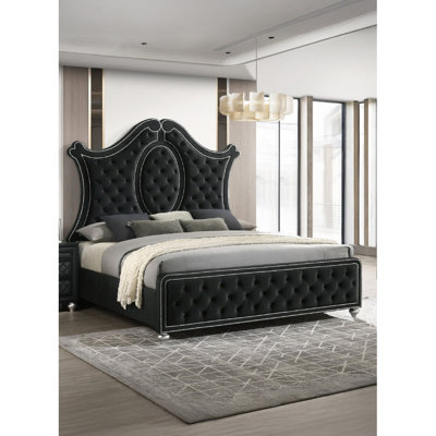 1pc très grand lit capitonné tête de lit tapissier luxueux et garniture cloutée complexe à motif de losanges capitonné accent moderne de luxe noir
