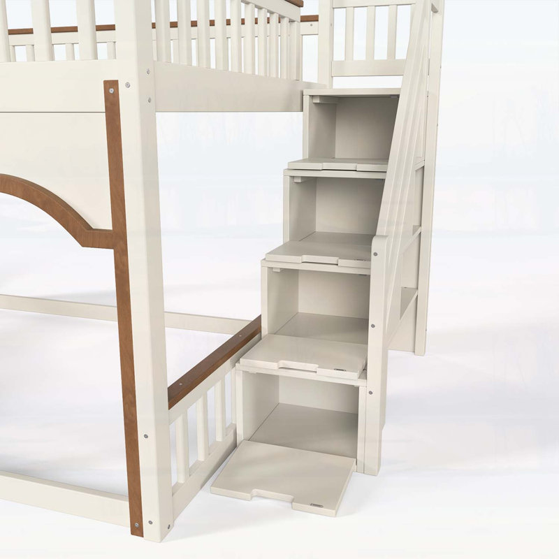 Lit superposé double au-dessus d'une chambre double avec escalier de rangement, fenêtre, bibliothèque latérale et espace inférieur convertible pour dormir ou jouer, structure en bois massif, beige et naturel profond