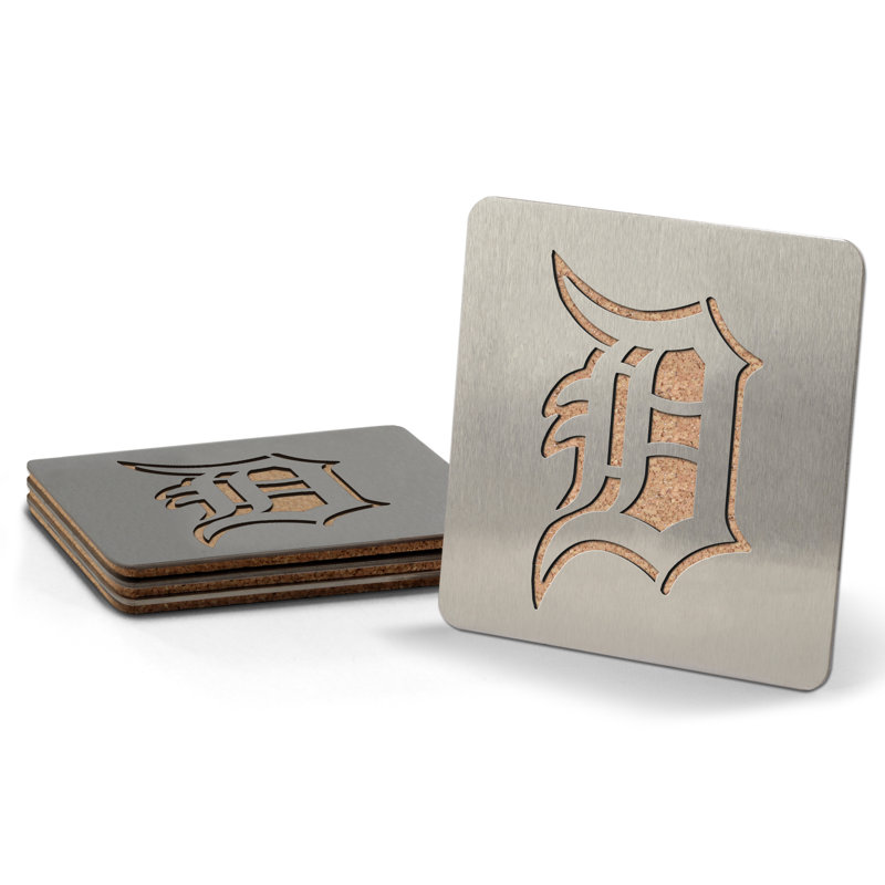 Stainless Steel Square 4 Piece Coaster Set, Detroit Tigers