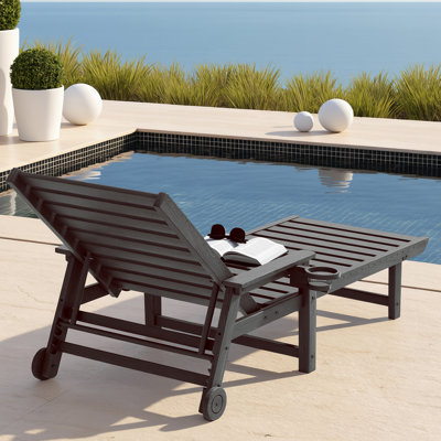 HDPE Outdoor Chaise Lounge,Adjustable 5-Position Backrest, HDPE Lounge Chair with Wheels & Cup Holder for Pool Deck Backyard, Black
