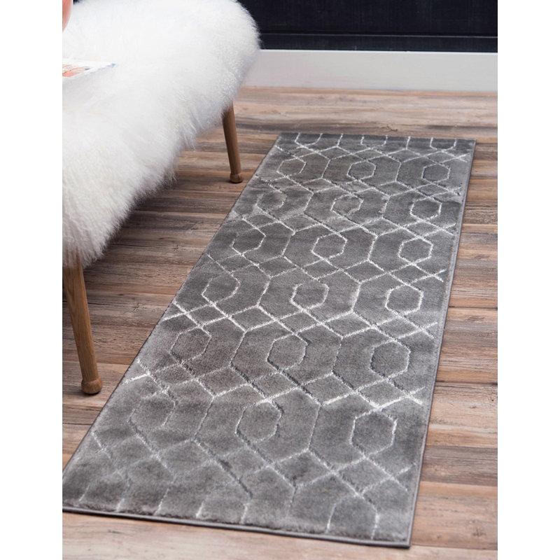 Tapis à motif géométrique gris / argent Corando, Tapis de couloir 2 pi x 6 pi