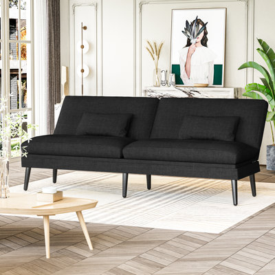 Linen Upholstered Convertible Futon Sofa Bed, 69" Folding Sleeper Couch Recliner Lounge With 5-Angle Adjustable Split Backrest And 2 Throw Pillows, Modern Style Living Room Loveseat With Metal Frame And Legs