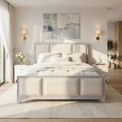 Queen Size Wooden Bed Frame with Upholstered Headboard, White Wood & Beige Fabric, Solid Wood Platform,  Modern Farmhouse Style