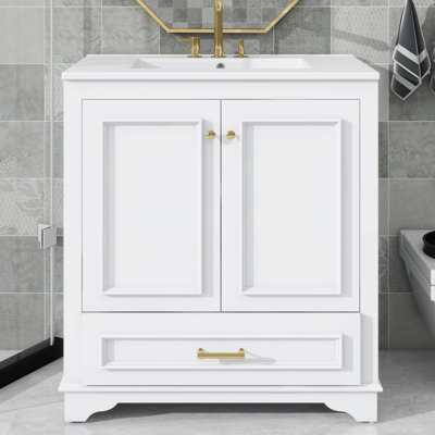 Meuble-lavabo de salle de bain avec lavabo 30 po avec accents dorés, tiroir inférieur, portes à fermeture douce, structure en bois massif