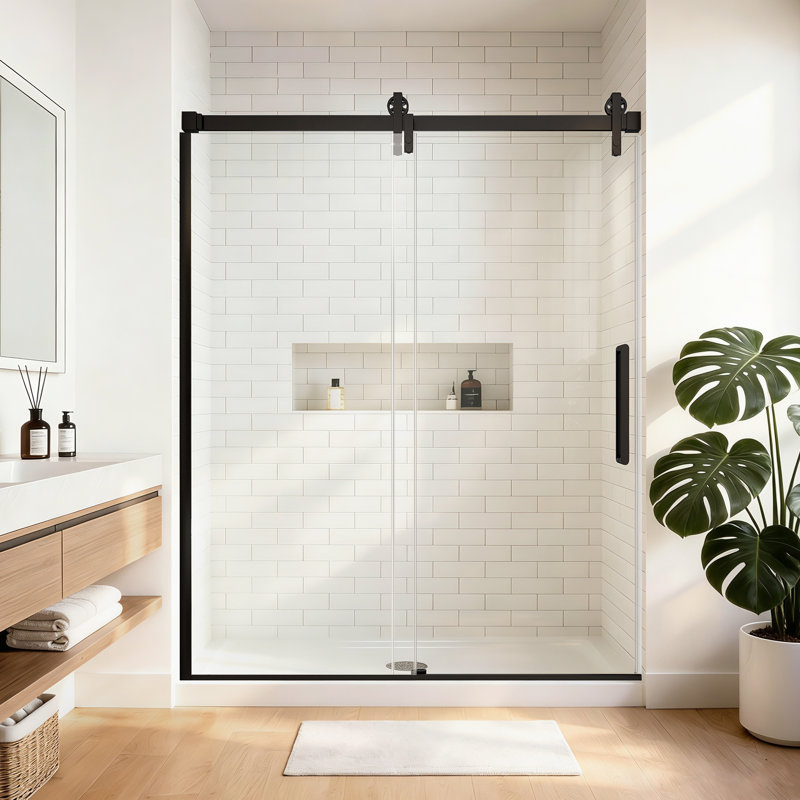 Porte de douche coulissante simple sans cadre l 59 po x H 75 po, quincaillerie noir mat de style grange, verre trempé transparent de 5/16 po (8 mm) avec revêtement facile à nettoyer, ouverture réversible gauche / droite, ouverture de 25 po