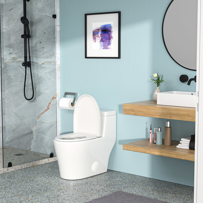 White Ceramic One Piece Toilet - Tornado Flush Efficiency, Lid, Comfortable Seat Height, With System Piece, White, Silent Seat, Long-Lasting Porcelain