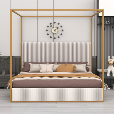 Modern Luxury Metal Canopy Bed With Tall Upholstered Headboard And Four Poster