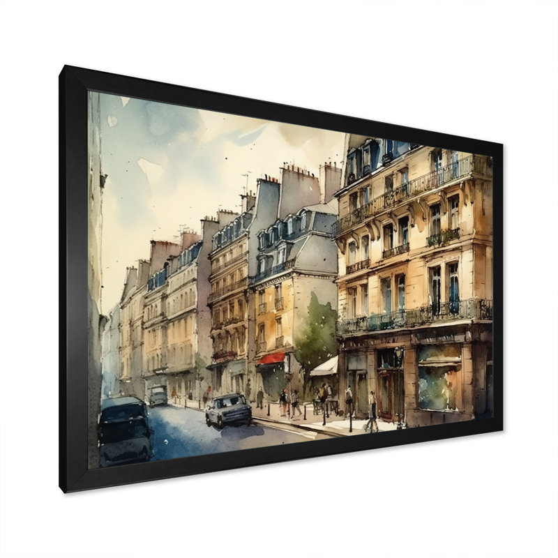 Aquarelle de Paris, France II sur toile, Cadre simple noir, H 12 po x l 20 po x P 1 po