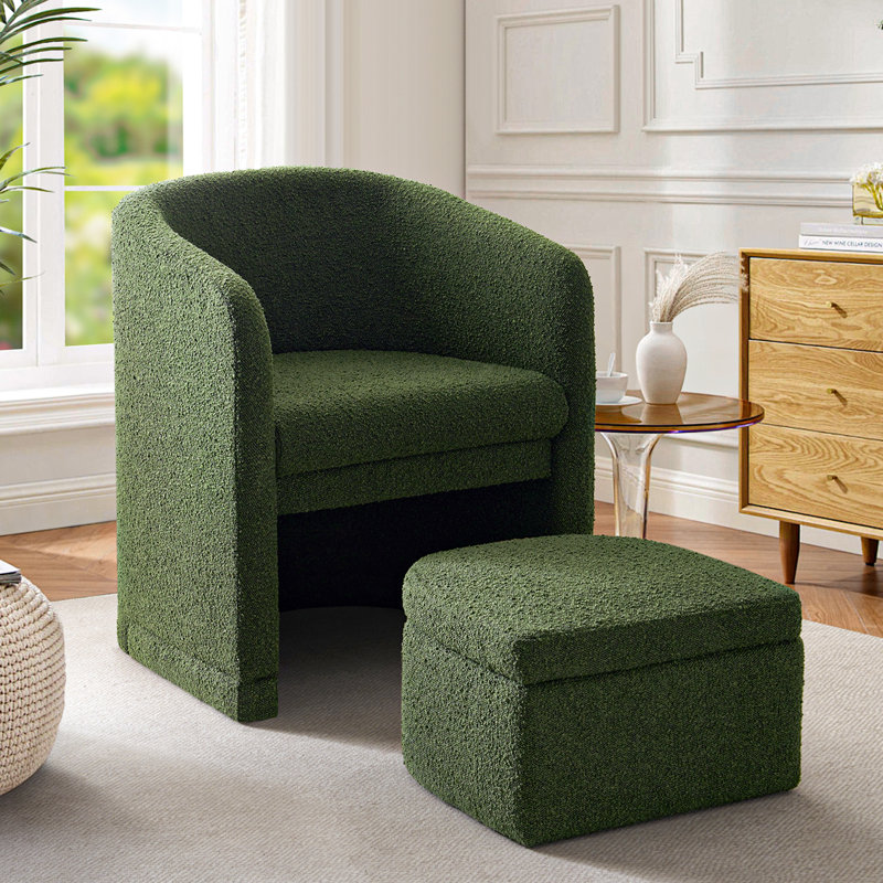Fauteuil demi-tonneau rembourré moderne avec rangement Ottonman, Vert