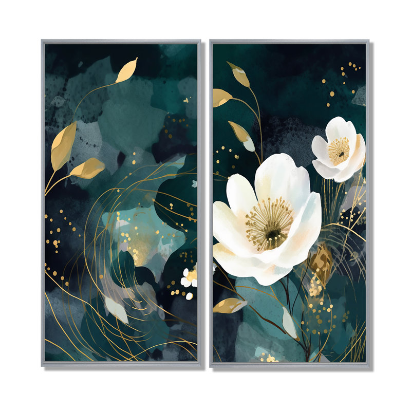 Plantes blanches bleu sarcelle dans le chaos I - art floral floral mural 2 panneaux, H 20 po x l 24 po, Argent argent