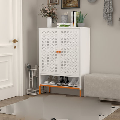Grid Double Door Freestanding Shoe Rack Organizer Cabinet Unit, 15cm Elevated Base To , Three Adjustable Compartments, Powder Coated White Metal Rack, High Foot