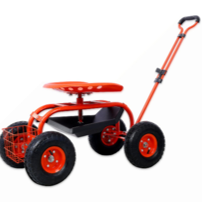 Red Steel Rolling Garden Scooter with Swivel Seat and Tool Tray