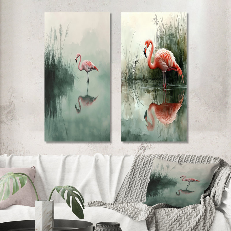 «Flamingo in the Marsh II» - ensemble d'art mural en métal 2 oiseaux roses, 40" H x 40" W