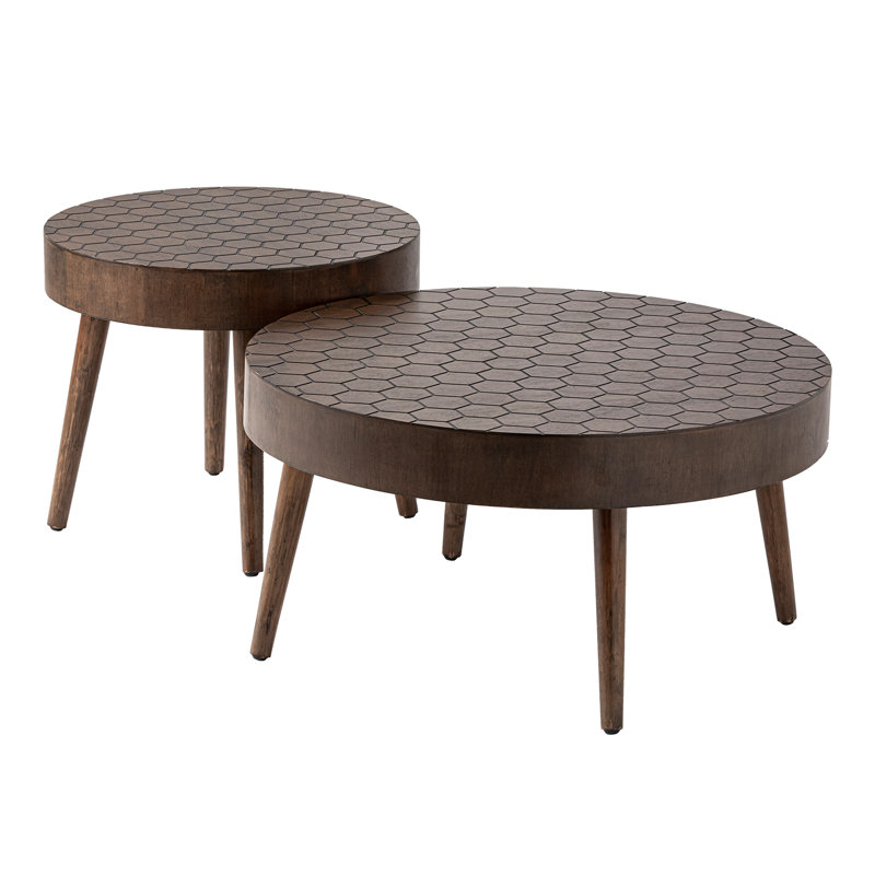 Brown Round Honeycomb Pattern MDF and Pine Wood Coffee Table Set
