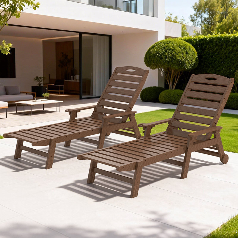 2-Piece All-Weather HDPE Wood Look Outdoor Chaise Lounge with Wheels, Cup Holder & 5-Position Adjustable Backrest, Brown