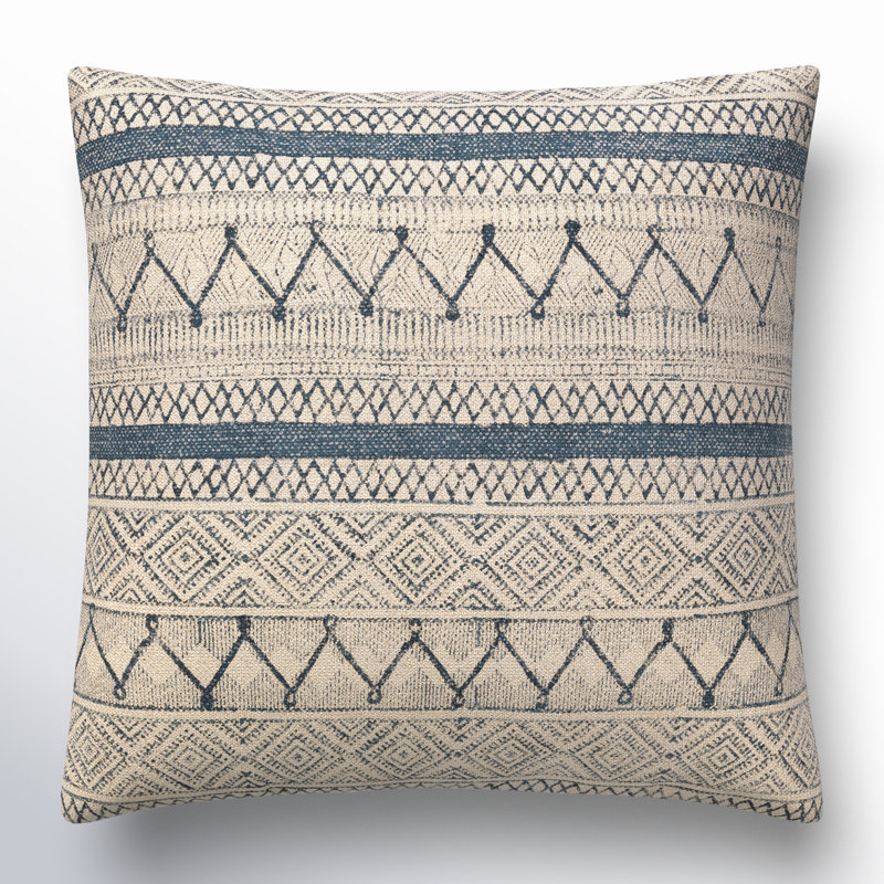 Zetta Square Cotton Pillow, Light Beige/Dark Blue, 18" x 18", Polyester/Polyfill